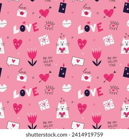 Seamless pattern with St Valentine Day elements. Modern flat cute pink background. Vector illustration