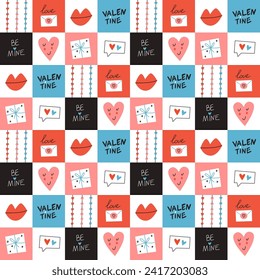 Seamless pattern with St Valentine Day elements in squares. Modern flat cute background. Vector illustration
