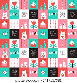 Seamless pattern with St Valentine Day elements in squares. Modern flat cute background. Vector illustration