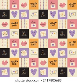 Patrón sin inconvenientes con elementos del Día de San Valentín en cuadrados. Moderno y plano de fondo bonito. Ilustración del vector