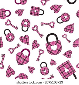 Seamless pattern for St. Valentine. Decorative locks and keys with pink buffalo plaid background on seamless pattern.