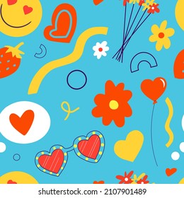 Seamless pattern for St. Valentine's Day. Hearts, flowers and geometric elements. Vector flat illustration