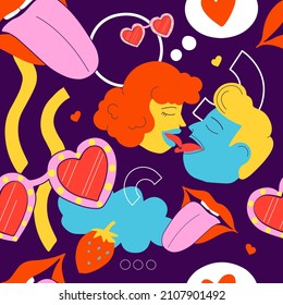 Seamless pattern for St. Valentine's Day. Characters, hears and geometric elements. Vector flat illustration