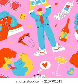 Seamless pattern for St. Valentine's Day. Characters and cool illustration objects. Vector flat illustration