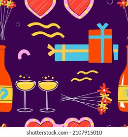 Patrón sin foco para el Día de San Valentín. Shampoo, regalos y flores. Ilustración plana del vector