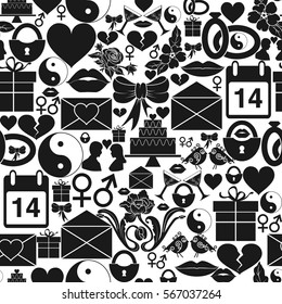 Seamless pattern St. Valentines Day. Dense ornament of monochrome icons. Vector illustration