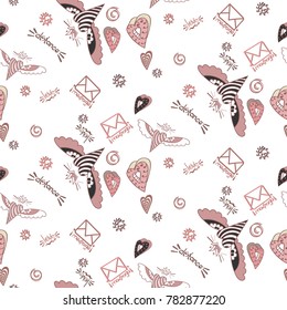 The seamless pattern "St. Valentine's Day", hearts and inscriptions, unusual design, for teenagers, internet love at a distance