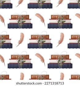 Seamless pattern with stack of books with bow, feather. School books pile. Book heap. Bookstore, bookshop, library, book lover, bibliophile, education. Vector illustration for poster, banner, website