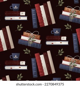 Seamless pattern with stack of books with cup of tea, bow, plant. Books pile, heap. Bookstore, bookshop, library, book lover, bibliophile, education. Vector illustration for poster, banner, website