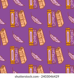 Seamless pattern. Stack of books and feather on purple background. Magic, sacred and mysterious knowledge. Colorful vector doodle illustration. Hand drawn print for wrapping or paper