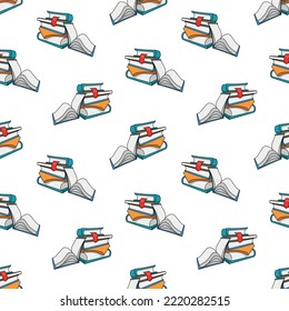 Seamless pattern with stack of books perspective view doodle vector