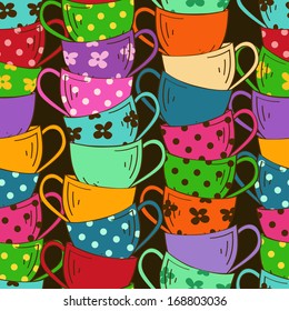 Seamless pattern with stack of colorful tea cups