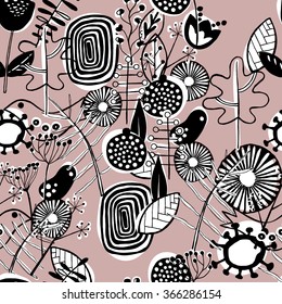 Seamless pattern with stack of liner scandinavian nature elements on beige background. Vector illustration eps8