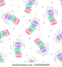 Seamless pattern with stack of macarons tired with a ribbon on white background. Sweet, dessert, candy, bakery or cafe theme. French food wallpaper in pastel colours. Vector illustration. 