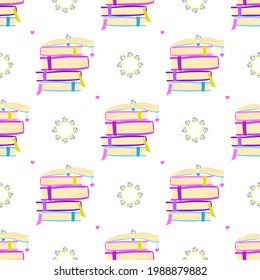 seamless pattern from a stack of multi-colored books, hearts and wreaths of forget-me-nots. vector illustration.