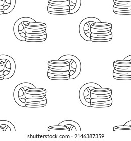 Seamless pattern with a stack of three tires hand drawn doodle outline vector