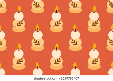 Padrão contínuo com velas de outono empilhadas e decoração de folha marrom
