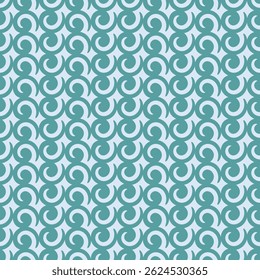 A seamless pattern of stacked rotated twirl or swirl shapes in a teal blue color.