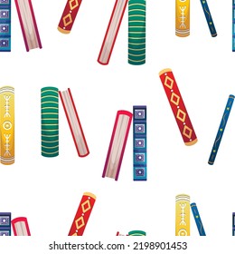 Seamless pattern with stacks of beautiful multicolored vintage books with spine patterns