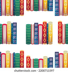 Seamless pattern with stacks of beautiful multicolored vintage books with spine patterns