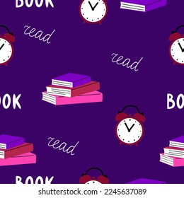 Seamless pattern of stacks of books and an alarm clock on a dark background. Reading time concept. Time to study, enjoy a good book, study. Hand drawn modern vector illustrations in 90s retro style