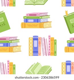 Patrón inmaculado con pilas de libros con cubiertas de colores. Ilustración de libros sin fisuras en vectores.