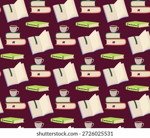 Padrão perfeito com pilhas de livros e xícara de café ou chá. Fundo colorido com atmosfera acolhedora 