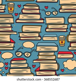 seamless pattern with stacks of books and hearts, pop art colours, vector illustration