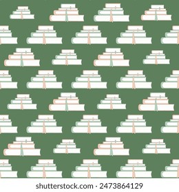 Seamless pattern with stacks of books in white and beige, accented with bookmarks against a dark green background, invoking a studious and literary atmosphere. Vector hand drawn illustration.