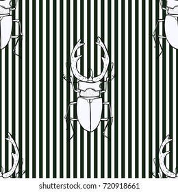 seamless pattern with a stag beetle painted with hands on a striped