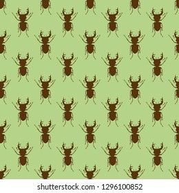 Seamless pattern with stag beetles on a green backdrop. Beetles on the background. Wallpaper with bugs. Insect vector illustration. Spring background