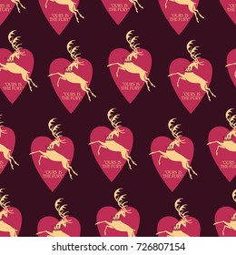 Seamless pattern with a stag. Dark red background. Design for the background of the site, textiles, paper, packaging materials.