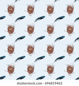 Seamless pattern with staggered images of blue jay feathers and bird's nests. Wildlife motifs.