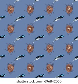 Seamless pattern with staggered images of blue jay feathers and bird's nests. Wildlife motifs.