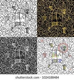 Seamless pattern in staggered order. Cat look out the window, hand drawn illustration. Vector illustration