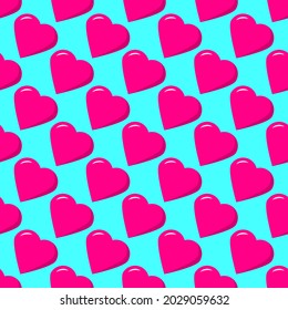 Patrón sin foco de corazones rosados escalonados en un fondo azul. Ilustración del vector
