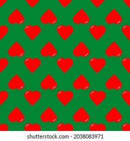 Seamless pattern of staggered red hearts on a green background. Vector illustration