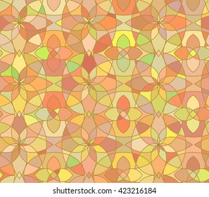 Seamless pattern with stained glass ornament in orange colors. Colorful kaleidoscope background. Vector illustration