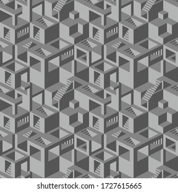 Seamless pattern with stairs, balconies and windows making an optical illusion. Geometry texture repeat background.