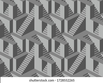 Seamless pattern with stairs making an optical illusion. Geometry texture repeat background.
