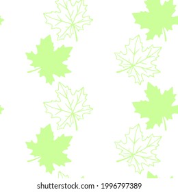 Patrón sin foco de hojas de arce o uva selladas en verde aisladas en fondo blanco. Sencilla textura vectorial. Concepto de naturaleza, jardín, bosque, caída de hojas, acción de gracias