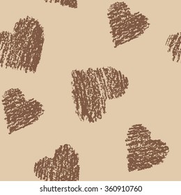 Seamless pattern with stamp hearts on craft paper. Grunge charcoal chalk hand drawn valentine`s day`s design elements, vector background.