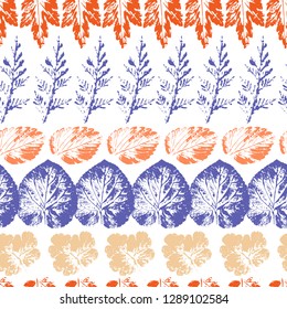 Seamless pattern with stamp leaf on white background. Endless texture for nature design. Floral print. Imprint of leaves. Textile design. Vector illustration