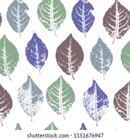 Seamless pattern with stamp leaves. Endless texture for nature design.White background.
