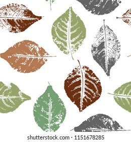 Seamless pattern with stamp leaves. Endless texture for nature design. Color and white.