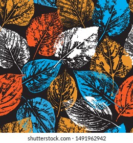 Seamless pattern with stamp leaves. Endless texture for nature design. Suitable for background, packaging, wrapping, postcards, printing, textile, fabric. Stock vector illustration.
