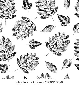 Seamless pattern with stamp leaves. Objects isolated on white. Black and white.Vector. Print for bed linens, fabric, textiles, wallpaper, greeting cards, wrapping paper, gift box

