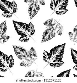 Seamless pattern with stamp leaves. Objects isolated on white. Black and white.Vector. Print for bed linens, fabric, textiles, wallpaper, greeting cards, wrapping paper, gift box

