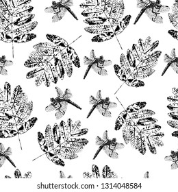 Seamless pattern with stamp leaves. Objects isolated on white. Black and white.Vector. Print for bed linens, fabric, textiles, wallpaper, greeting cards, wrapping paper, gift box
