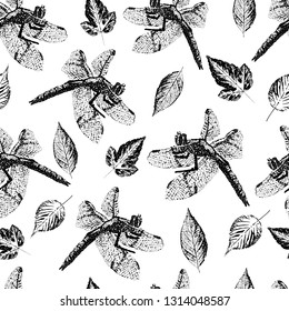 Seamless pattern with stamp leaves. Objects isolated on white. Black and white.Vector. Print for bed linens, fabric, textiles, wallpaper, greeting cards, wrapping paper, gift box
